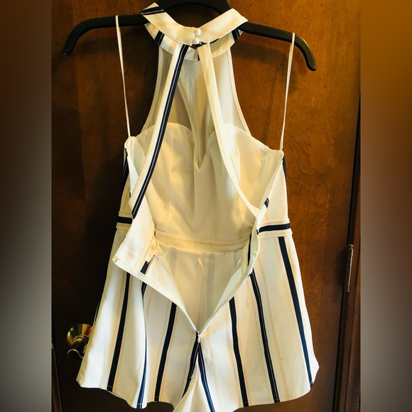 Luxxel size Large romper. Blue, white, tan stripes. Lined, mesh top. Sleeveless - Picture 3 of 7